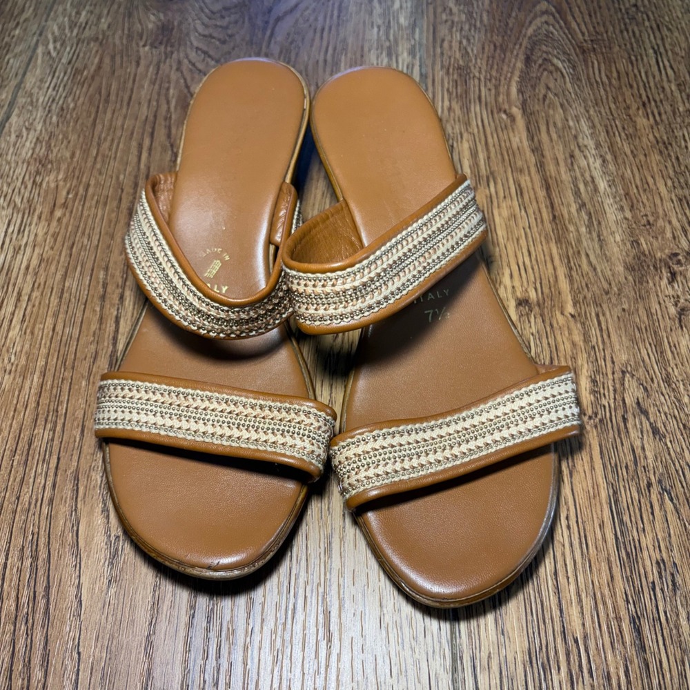 Toscanella Made in Italy Brown Leather Beaded Wedge Slide Sandals Women 7.5 Boho